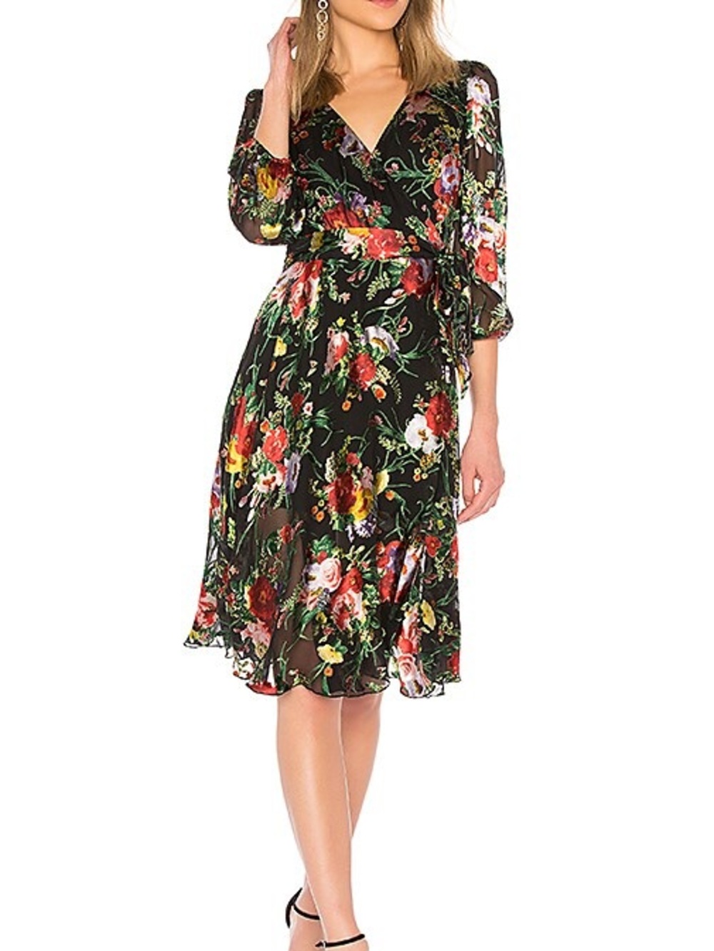 NWT Alice + Olivia Abney Black Floral Wrap Midi Dress Blooming Bouquet size 10 - Picture 1 of 16